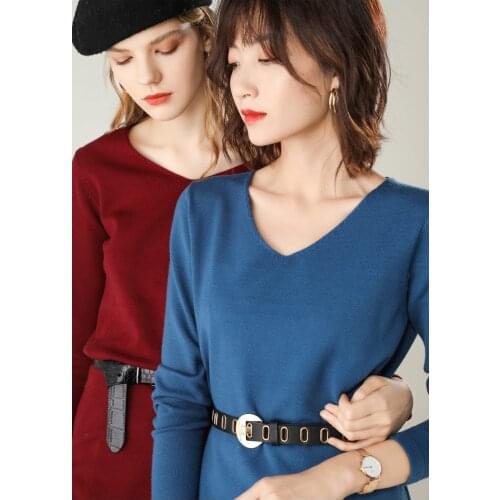 WYWAN Winter 2020 New V-neck Knitwear Long-sleeved Loose Fashion Mid-long Solid Color Pullover Bottoming Shirt Top Sweater Women