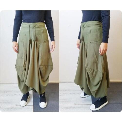 NEW Women Linen Original Design High Waisted Wide Leg Culottes Big Crotch Harem Pants /Asymmetrical Slacks Trouser
