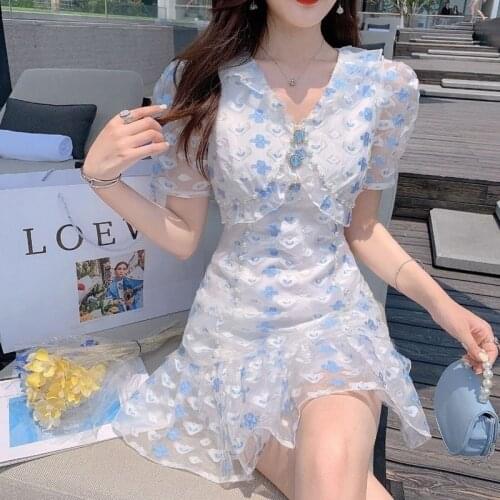 Heydress Casual Pretty Fishtail Dress 2021 Summer Blue Elegant Floral Dresses Women Vintage Sexy V-neck Sweet Mini Dress