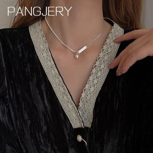 PANGJERY 925 Sterling Simple Temperament Square Card Pearl Necklaces for Women Fashion Geometric Birthday Party Jewelry Gifts