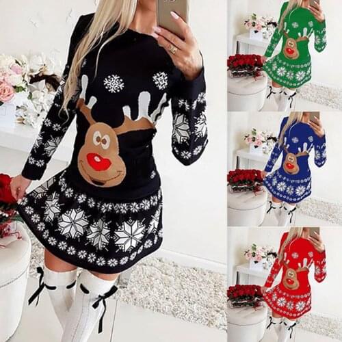 S-3XL Christmas Dresses for women 2020 Long-sleeved Round Neck Cute Reindeer Snowflake Printed Christmas Party Stretch Dresses