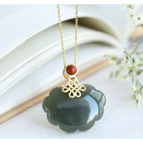 S925 Sterling Silver Plated Gold Inlaid with Jade Natural Hetian Gray Jade Vintage Chinese Knot Long Life Lock of Good Wishes Pe