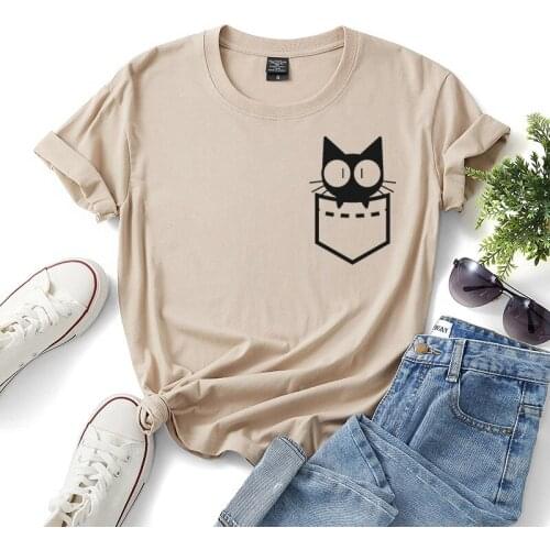 Funny Black Pocket Cat Print T Shirt Women Short Sleeve O Neck Loose Tshirt 2020 Summer Women Tee Shirt Tops Camisetas Mujer