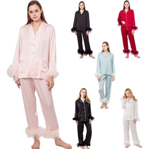 Lady pajamas 2 pieces set with osrich fur feather trimming cuffs detachable removable furry summer spring 2021 nighclothes