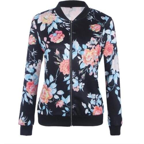Women Floral Print Stand Collar Baseball Coat Jacket Long Sleeve Thin Coat