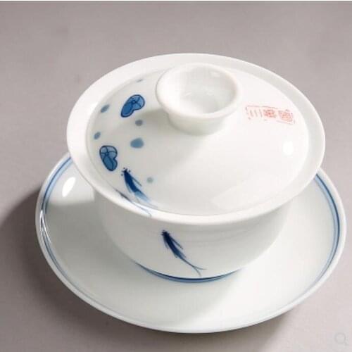 140ML Jingdezhen Sancai Gaiwan Big Size Blue and White Porcelain Tureen Ceramic Tea Strainer Cup Chinese Kung Fu Tea Ceremony