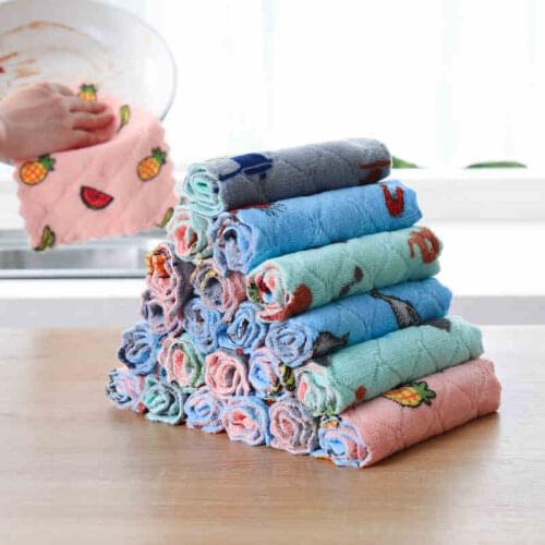 20pcs double-sided printing coral fleece household scouring pad non-sticky oil lazy rag kitchen dish towel absorbent cleaning