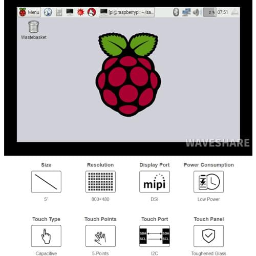 5inch DSI Monitor with Toughened Glass Panel I2C Ports for Raspberry Pi 4 / 3, 800×480 Resolution Capacitive Touch Display