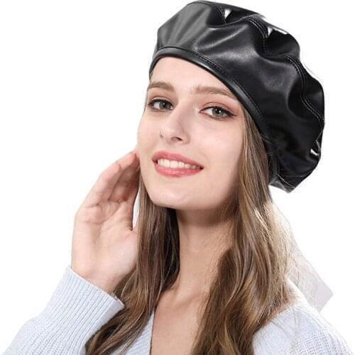 Q Fashion Casual 1Pcs Women Beret Hat PU Leather Women Retro Lady Girl Hats Beret Cap Elegant Vintage Autumn Winter Accessories