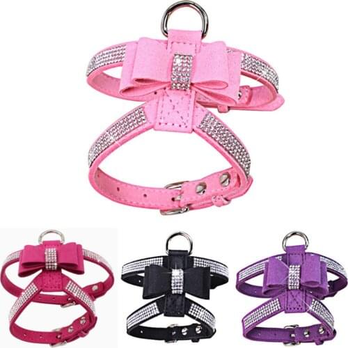Bling Rhinestone Pet Puppy Dog Harness Velvet Leash with Bowknot for Small Dog Puppy Cat Chihuahua Pink Collar Pet Products