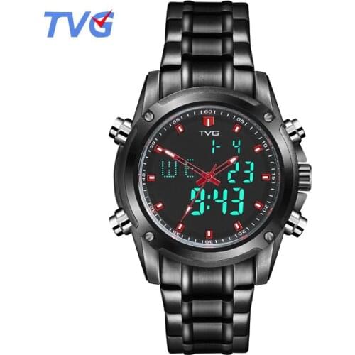 TVG Men Sports Watches Mens Quartz Dual Display Military Waterproof LED Digital Wristwatches Stainless Steel Relogio Masculino
