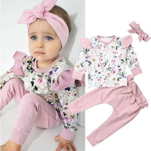 Baby Girl Clothes Set Floral Tops Ruffled Sweatshirt Pants Trousers Headband 3-24M Spring Fall Casual Cotton Outfits 2021 New