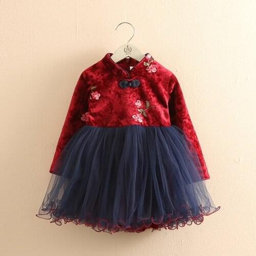 2021 Winter 2 3 4 6 8 10 12 Years New Year Lace Red Traditional Chinese Tang Garments Kids Baby Girl Plus Velvet Cheongsam Dress