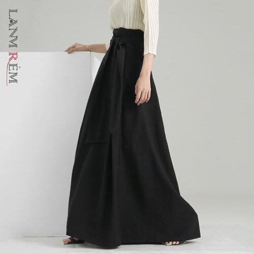 LANMREM 2021 Autumn New Temperament High Waist Bandage Mid-length Pleated A-line Black Skirt For Women Fashion Skirts 2W2950