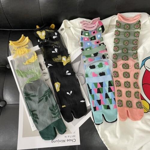 Summer Ultra-Thin Crystal Silk Sheer Frilly Tabi Socks Love Leaves Flower Literary Personality Japanese Colorful Women Toe Socks