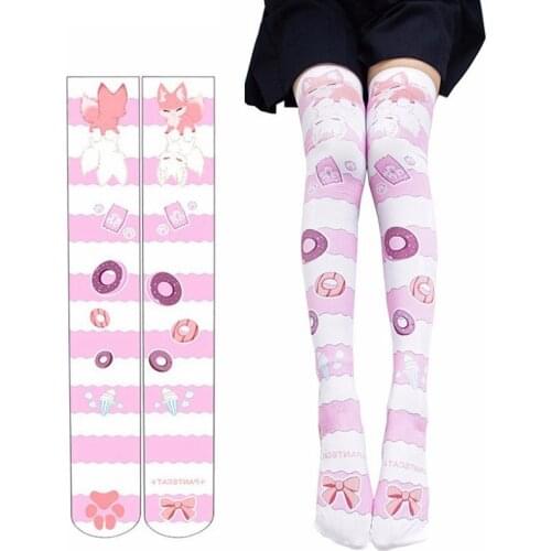 Lolita Over-Knee Socks Kawaii Cat Paw Little Fox Anime Doughnuts 3D Printed Stocking Cute Lolita Coplay Womens Stockings