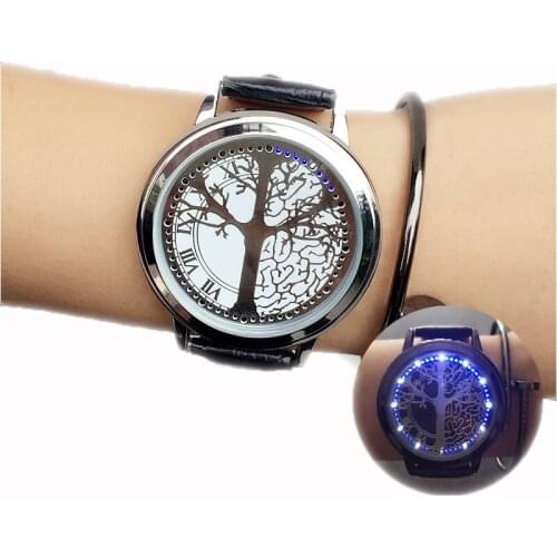 Fashion Led Watch LED Touch Screen Watch Unique Cool Watch with Tree Pattern Simple Black Dial 60 Blue Lights Watch Leather
