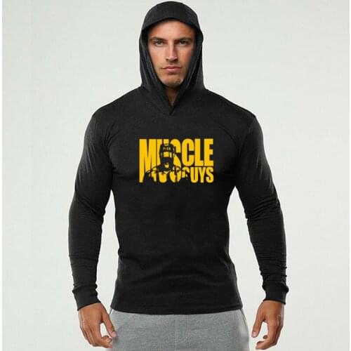 Muscleguys Bodybuilding Hooded T-Shirt Men Fitness Long Sleeve T Shirt Brand Plain Gym Clothing Fashion Slim Fit Cotton Tee Tops
