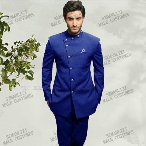 2021 Groom Mens Formal Suits Custom Made Stand Collar Royal Blue 2 Pieces Wedding Suits For Men Jacket+Pant Terno Masculino