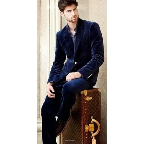 Notch Lapel Navy Blue Velvet Men Suit Slim Fit Tuxedos 2020 Fashion Suits Blazer With Pants Dinner Prom Suits (Jacket+Pants+Bow)
