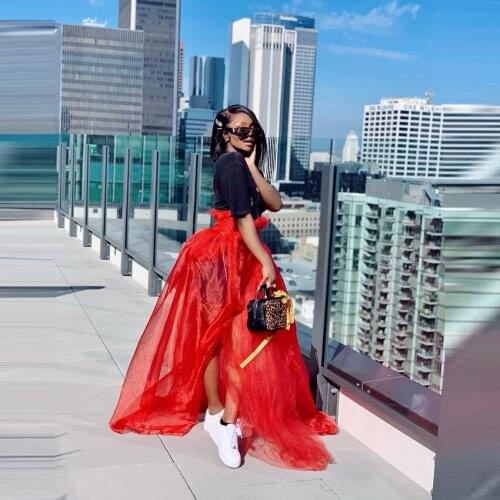 Charming Red Tulle Fashion Skirt For Birthday Party Long See Thru Women Maxi High Slit Skirts Extra Puffy Plus Size