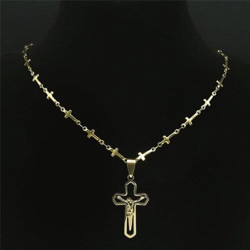 Catholic Jesus Cross Stainless Steel Gold Color Chain Necklace Women/Men Religion Necklace Jewelry collier croix femme N4514S05