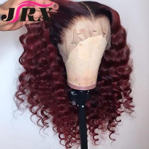 JRX 99J 13x1 T Part Wig Human Hair Burgundy Colored Human Hair Curly Wigs Free Part 150% Brazilian Loose Wave Lace Remy Wigs