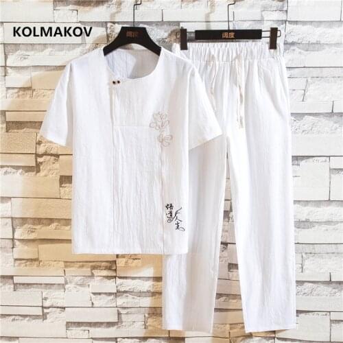 Shirt + trousers) 2021 summer Set Embroidery men shirt Man Cotton linen shirts Short sleeve mens casual shirts men Two-piece