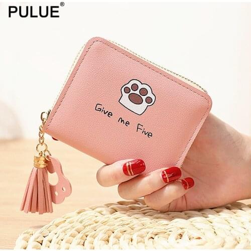 Super Cute Cat Paw Prints Tassel Women Wallet Short Leather Small Wallets Female Zipper Coin Purses Money Card Holder Handbag