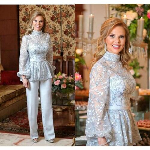Light Blue Mother of The Bride Groom Suit 2020 High Neck Lace Embroidery Long Sleeve Mother Occasion Evening Party Pant Suit