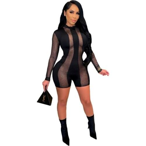 Patchwork Sheer Mesh Sexy Bodysuit Women Long Sleeve Rompers Womens Jumpsuit Shorts Elegant Party Club Bodycon Jumpsuit Playsuit