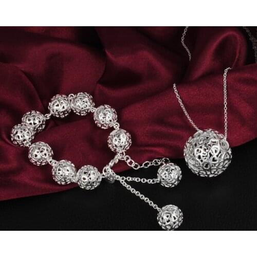 New 925 sterling Silver cute Hollow Ball Pendant Bracelet necklace for women luxury Fashion Party Jewelry set Holiday gifts