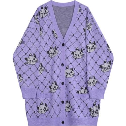 2021 Autumn New Sweater Cartoon Pattern Purple Knitted Cardigan Sweater Women Commuter Retro Gentle Wind Coat Loose Outer Wear
