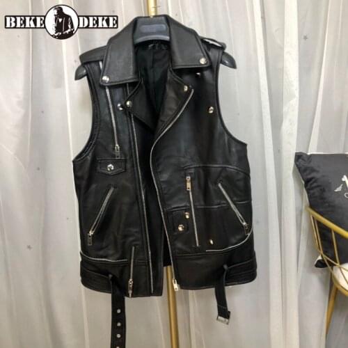 High Street 2021 New Turn-Down Collar Vest Jacket Zippers Pockets Genuine Leather Fashion Womens Biker Vest Korean Style