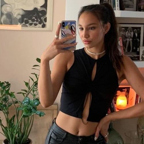Women Sexy Hollow Out Camisole Black Solid Color Round Collar Sleeveless Crop Tops S/ M/ L For Daily Casual Home Wear Party