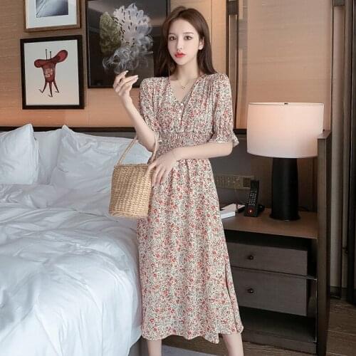 New Slim Womens Dress V-neck Floral Chiffon Dresses Mujer Elastic Waist Elegant Short-sleeved Vestidos Women 2020 Summer A950