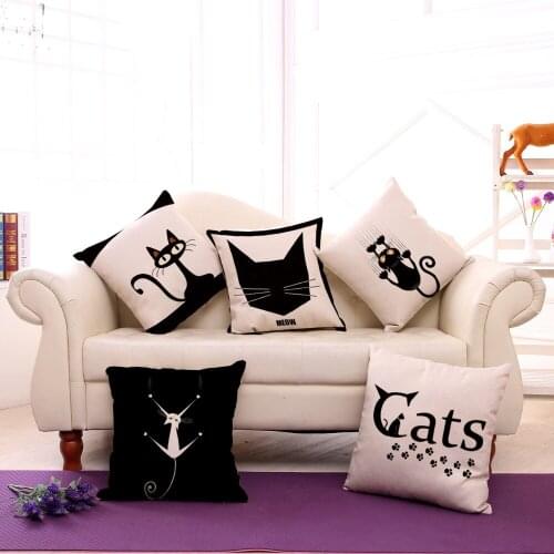 1 pcs Black And White Cat Cartoon Pattern Casual Seat hug pillow cover Decorative Home Chair Throw Pillow Case Cotton Linen 45cm