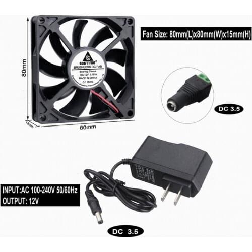 Gdstime 2pcs DC 12V 80mmx80mmx15mm 80mm PC Case Cooling Fan with 100-240V AC Power Adapter Supply Charger adapter