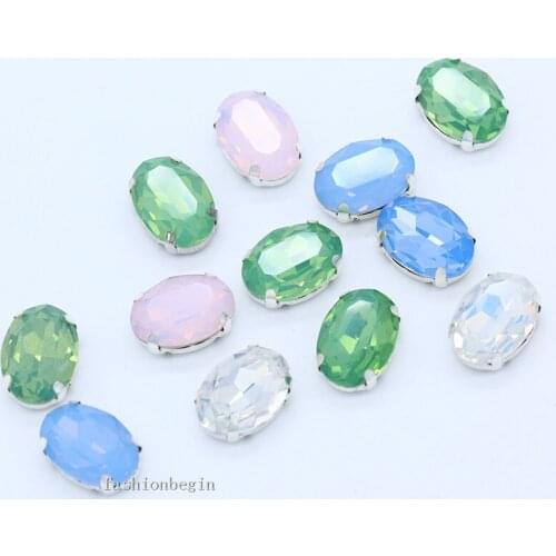 6p 25x18mm oval white/green/pink opal sew on glass stone faceted crystal rhinestone silver claw craft Bridal Dress Headdress DIY