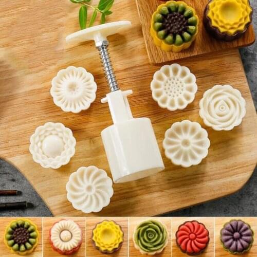 7Pcs/Set Plastic Mooncake Mold 50g Moon Cake Cookie Cutter with Stamps Hand Pressure Round Flower Chocolate Mould Baking Tools