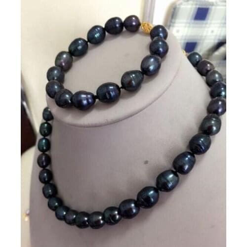 AAA 10-13MM SOUTH SEA BLACK PEARL NECKLACE 18"BRACELET 7.5- 8" 925silver GOLD