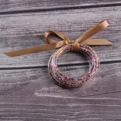 Cute Beads Brown Bowknot Glitter Bangles Set All Weather Stack Silicone Plastic Glitter Jelly Bangles 5pcs/set Dropshipping