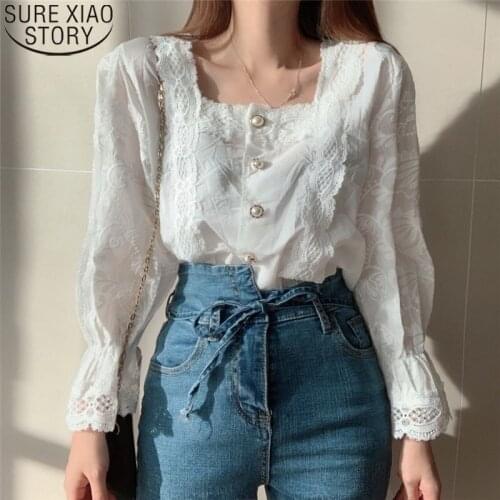 Blusas Korea Chic Shirt Vintage Hollow Flower Women Lace Clothes Square Collar Long Flare Sleeve Shirts Pearl Button Tops 13688