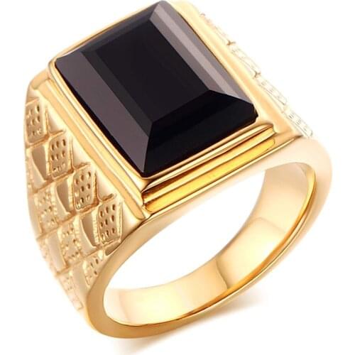 Big square black agate gemstones Rings for men gold color titanium stainless steel bague jewelry masculine finger band accessory