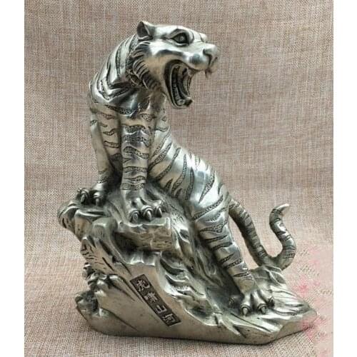 China Folk Fengshui Silver Wild Ferocious Zodiac Year Tiger King Up Hill Statue