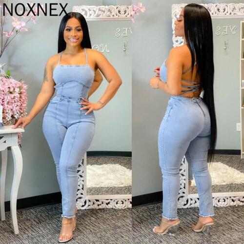 NOXNEX Sexy Backless Lace Up Bandage Hollow Out Jumpsuit Women Off Shoulder Denim Long Jumpsuit Sleveless Overalls Summer 2020