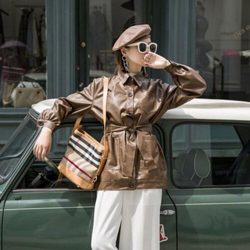 Khaki Faux PU Leather Coat Women Spring 2021 New Korean Biker Streetwear Loose Long sleeve Plus Sashes Mid-length Leather jacket