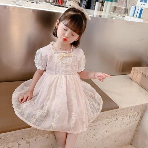 Summer Clothing New Dress Childrens Middle and Small Kids Children Dresses for Skirts Lace Mesh Short-sleeved Girls Clothes