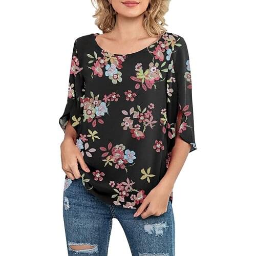Fashion Chiffon Floral Blouse Shirt Loose O-Neck Tops Tee Summer Casual Ladies Tops Female Women Short Sleeve Blusas Pullover