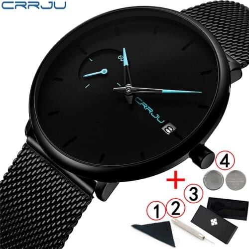 Crrju 2019 Mens Watches Top Brand Luxury Sports Waterproof Man Watch Ultra Thin Dial Quartz Black Male Watch Relogio Masculino